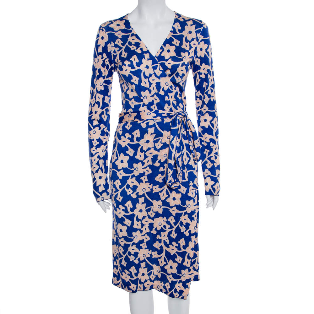 Pre Owned Diane Von Furstenberg Blue Floral Printed Knit Midi Wrap Dress M
