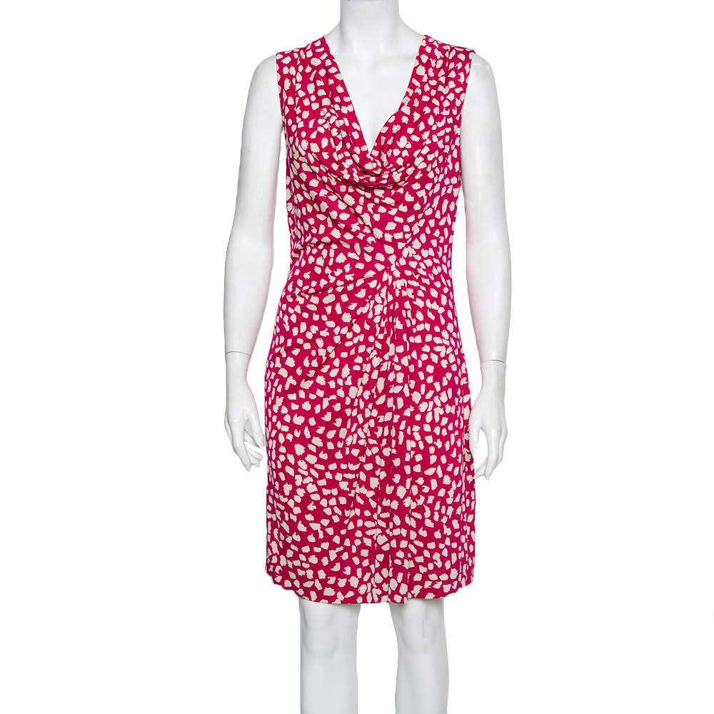 Pre Owned Diane Von Furstenberg  Pink  Printed Knit Draped Neo Dress L