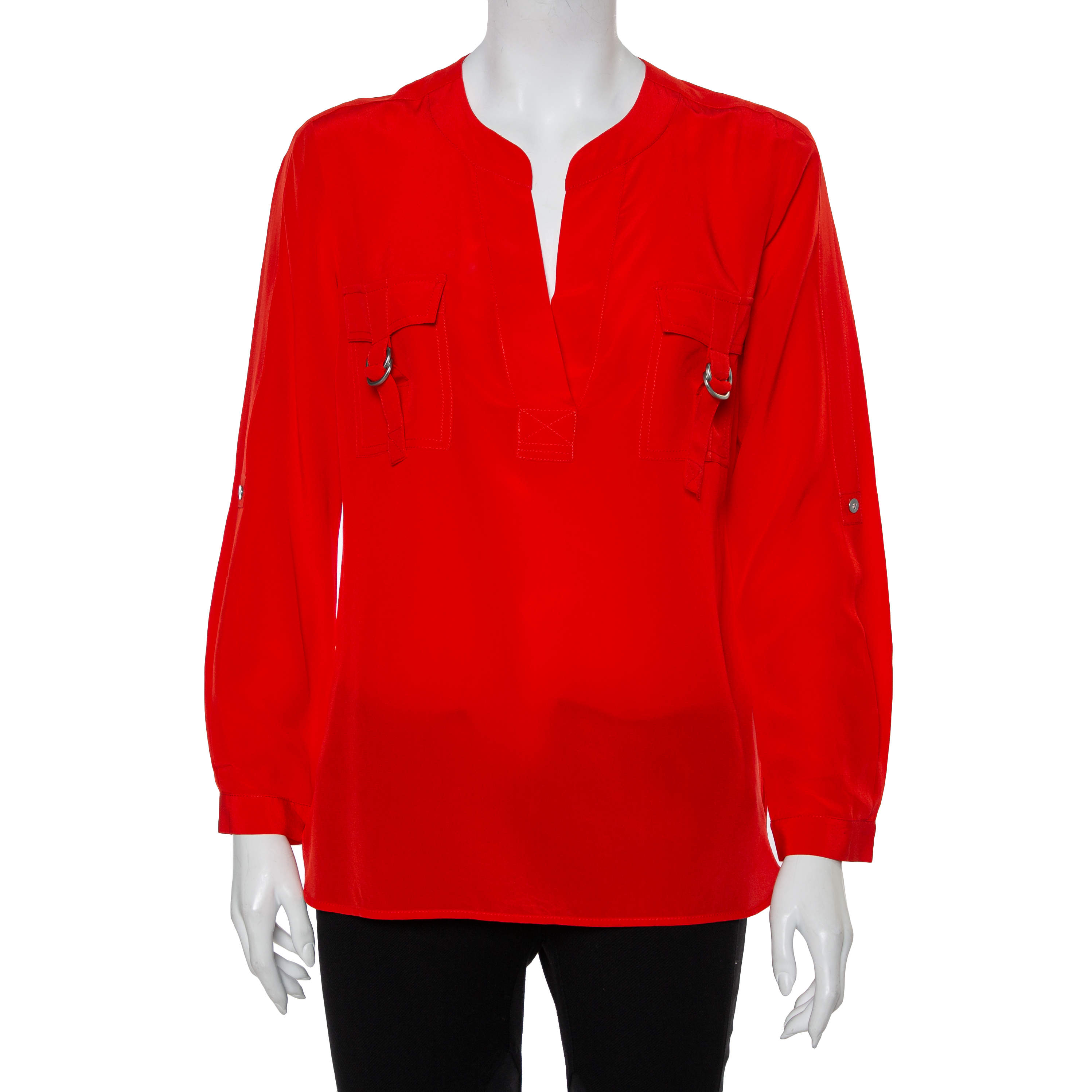 Pre Owned Diane Von Furstenberg Red Silk Pocket Detail Danielle Top S