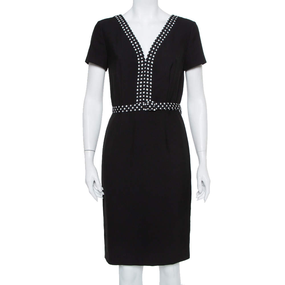 Pre Owned Diane Von Furstenberg Black Knit Contrast Trim Detail Belted Maisie Dress M