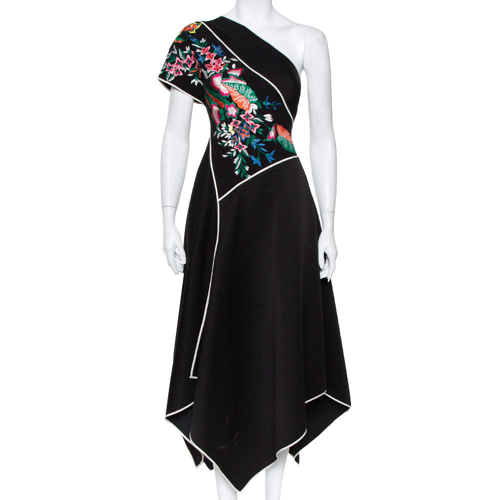 Pre Owned Diane Von Furstenberg Black Synthetic Embroidered One Shoulder Ottoman Dress XS