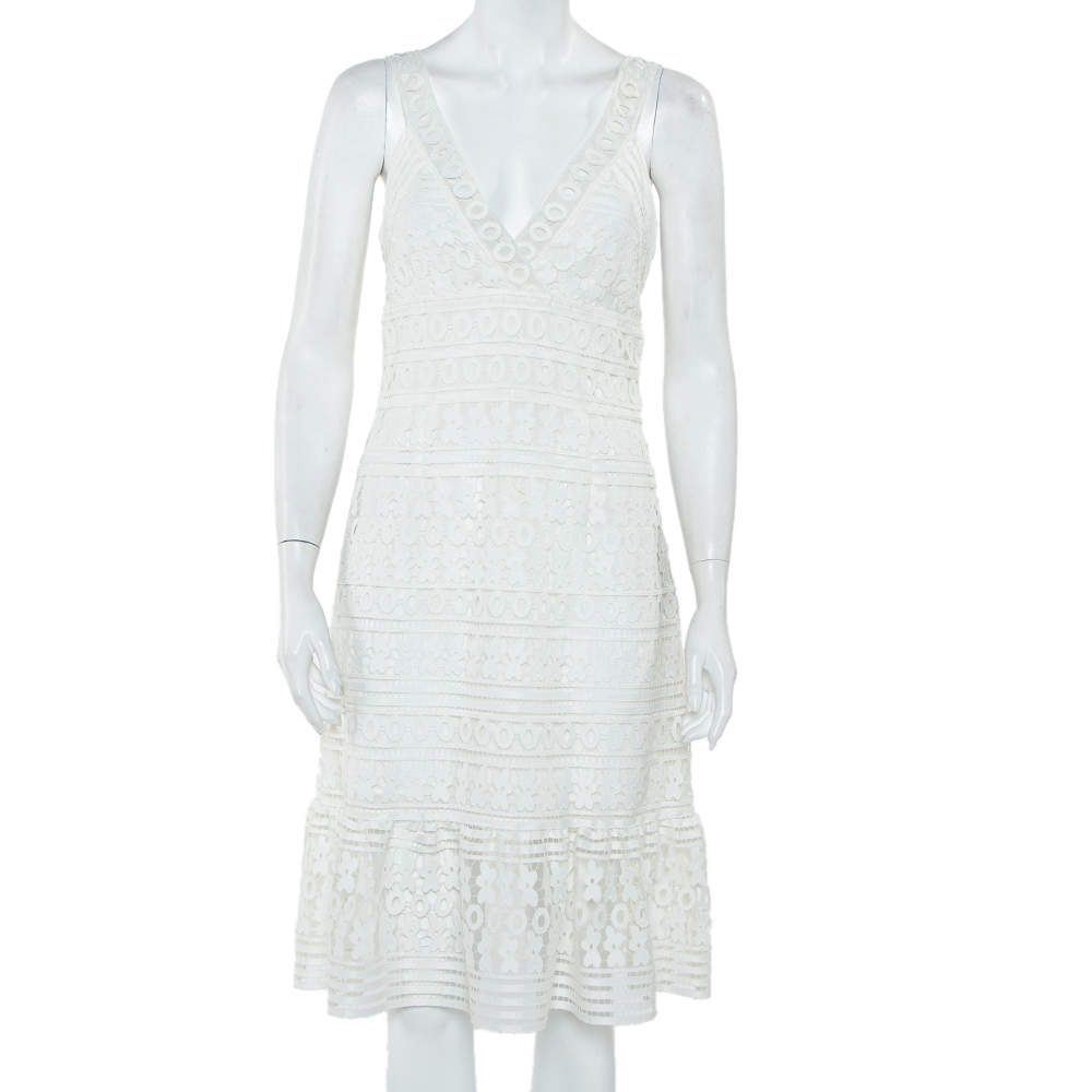 Pre Owned Diane Von Furstenberg White Guipure Lace Plunge Neck Tiana Dress M