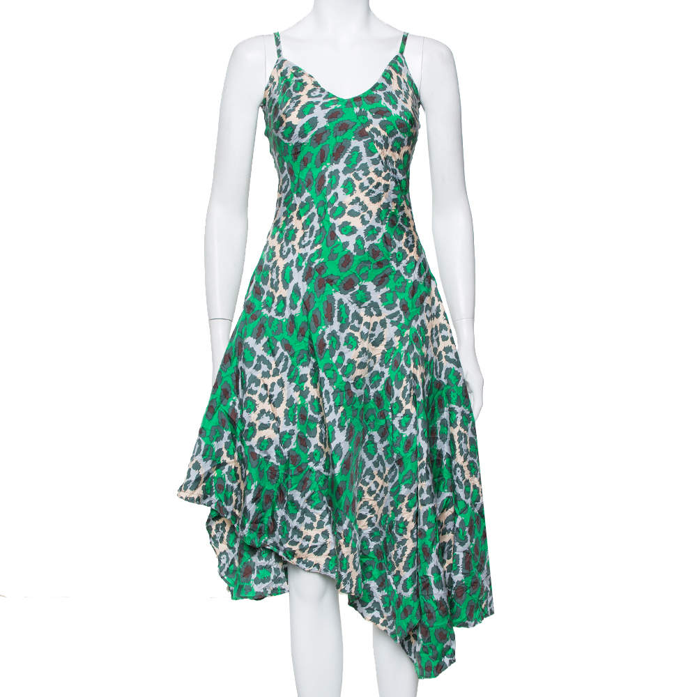 Pre Owned Diane Von Furstenberg Green Animal printed Silk Asymmetric Hem Midi Dress M