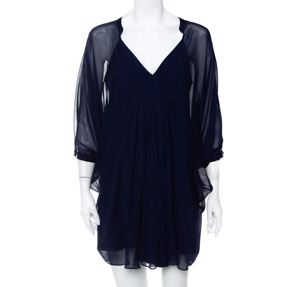 Pre Owned Diane Von Furstenberg Navy Blue Silk Fluerette Mini Dress S