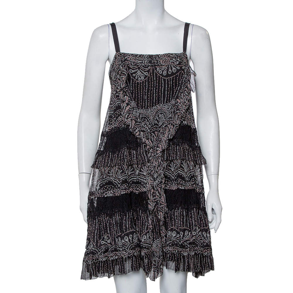 Pre Owned Diane Von Furstenberg Black Printed Silk Lace Trim Detail Tiered Taleen Mini Dress M