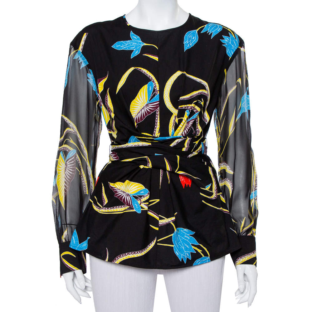 Pre Owned Diane Von Furstenberg Black Printed Cotton & Silk Waist Tie Detail Top M