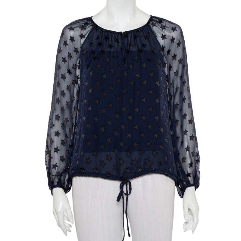 Pre Owned Diane von Furstenberg Navy Blue Star Pattern Fil Coupe Waist Tie Detail Top S