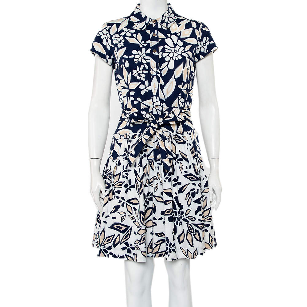 Pre Owned Diane Von Furstenberg Navy Blue Printed Cotton Belted Scarlet Mini Dress M