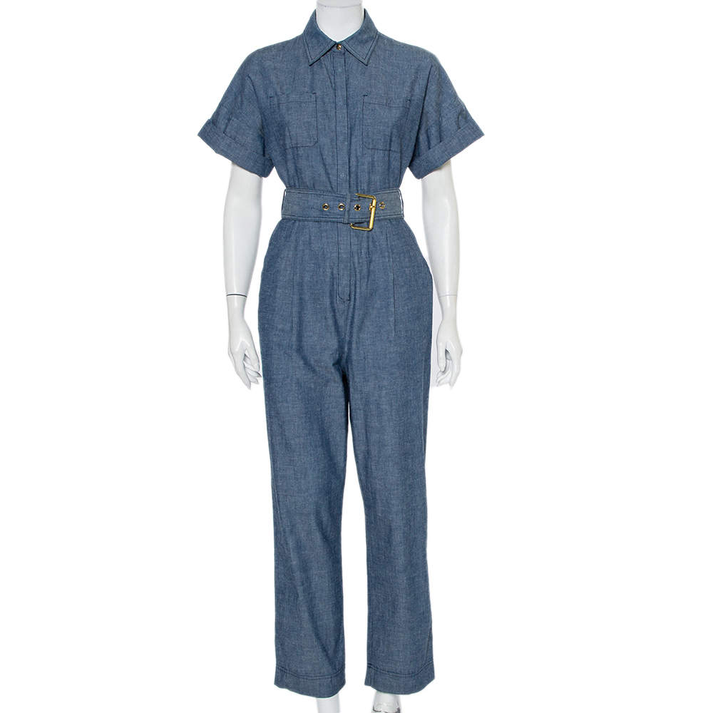 Pre Owned Diane Von Furstenberg Blue Cotton Button Front Belted Jumpsuit S