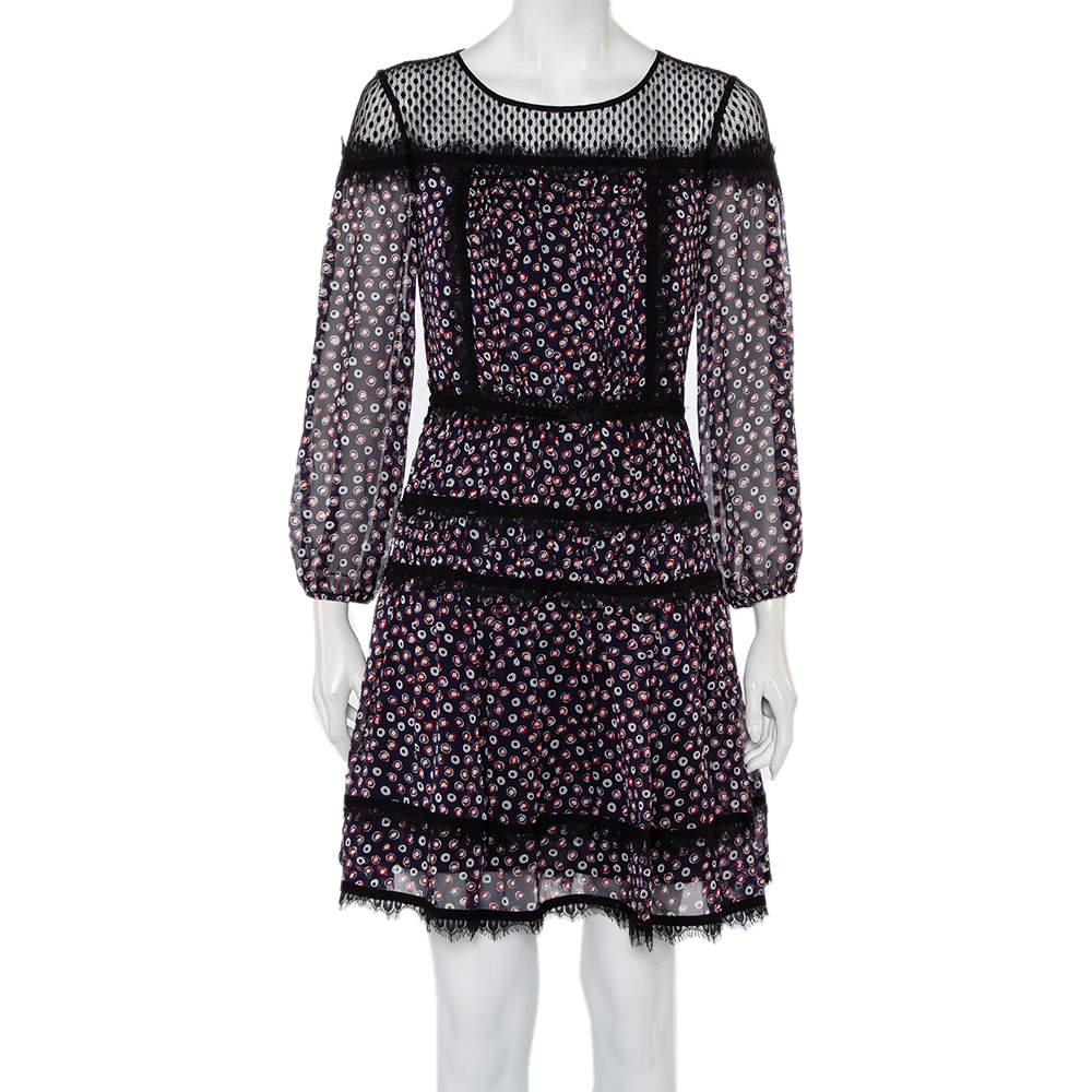 Pre Owned Diane Von Furstenberg Navy Blue Printed Silk & Tulle Paneled Jamie Dress S