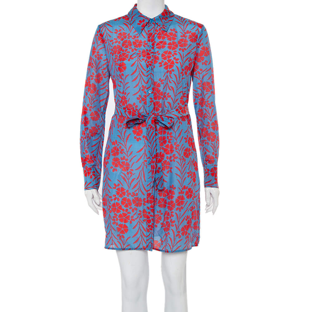 Pre Owned Diane Von Furstenberg Blue Printed Cotton Belted Mykonos Breeze Shirt Dress S