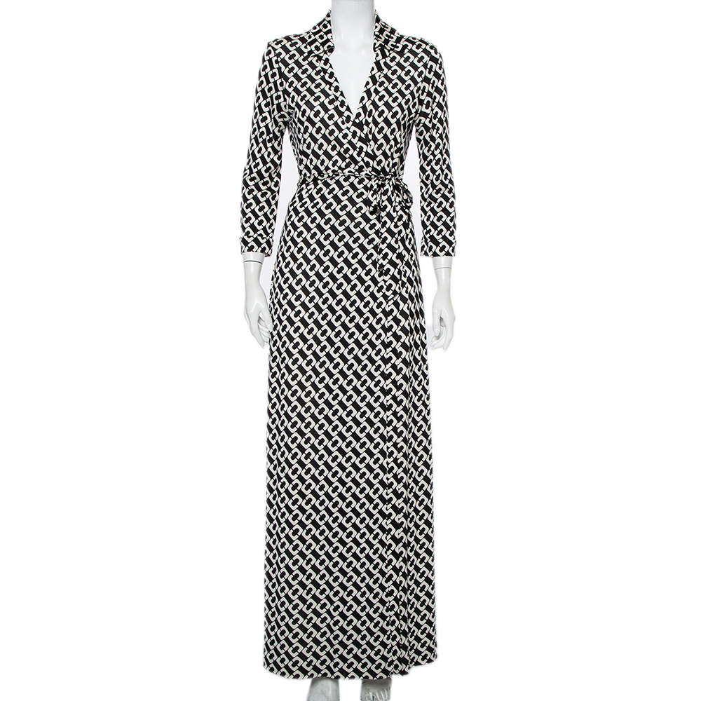 Pre Owned Diane Von Furstenberg Monochrome Silk Abigail Maxi Wrap Dress L