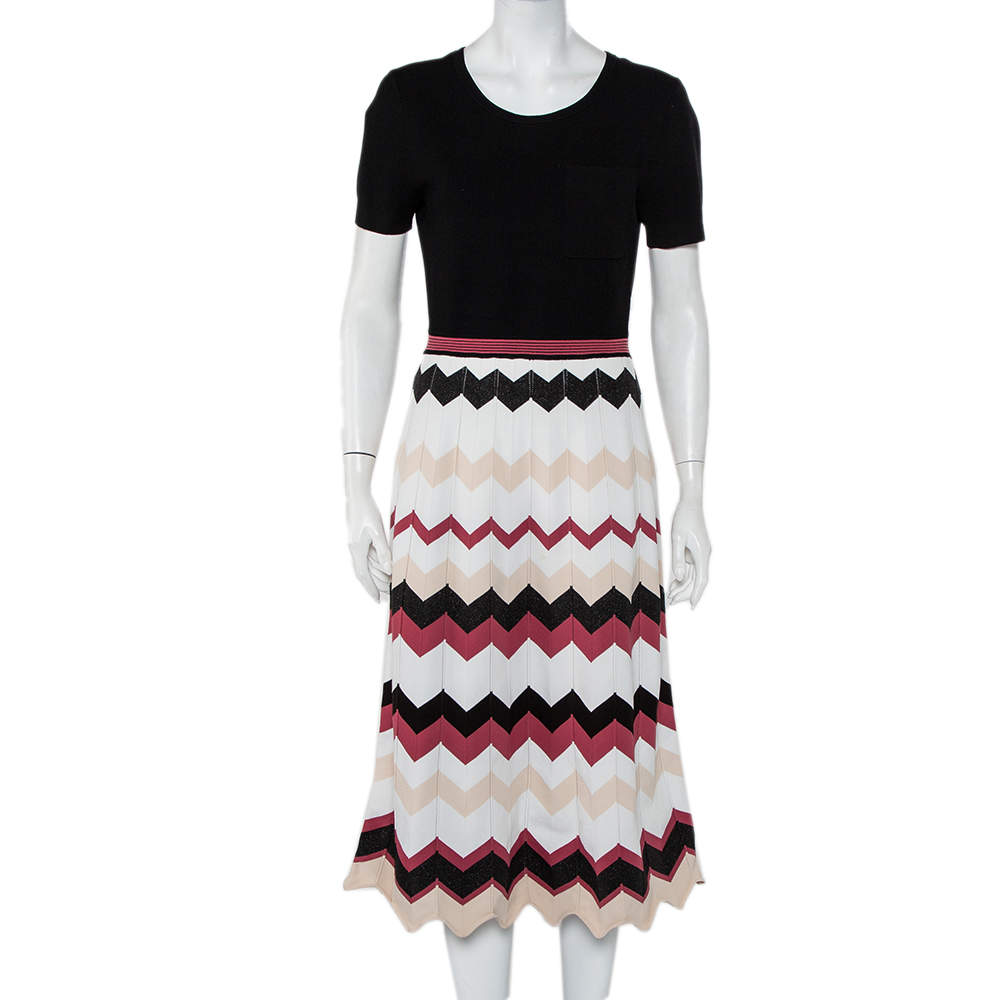 Pre Owned Diane Von Furstenberg Black Knit Chevron Pattern Paneled Gaia Midi Dress M