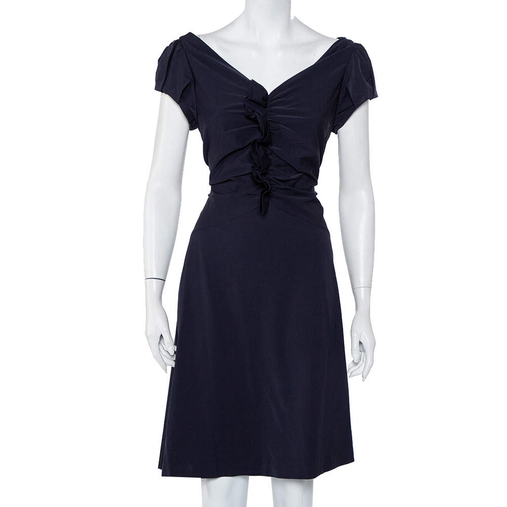 Pre Owned Diane Von Furstenberg Navy Blue Ruffle Detail Samaya Dress L