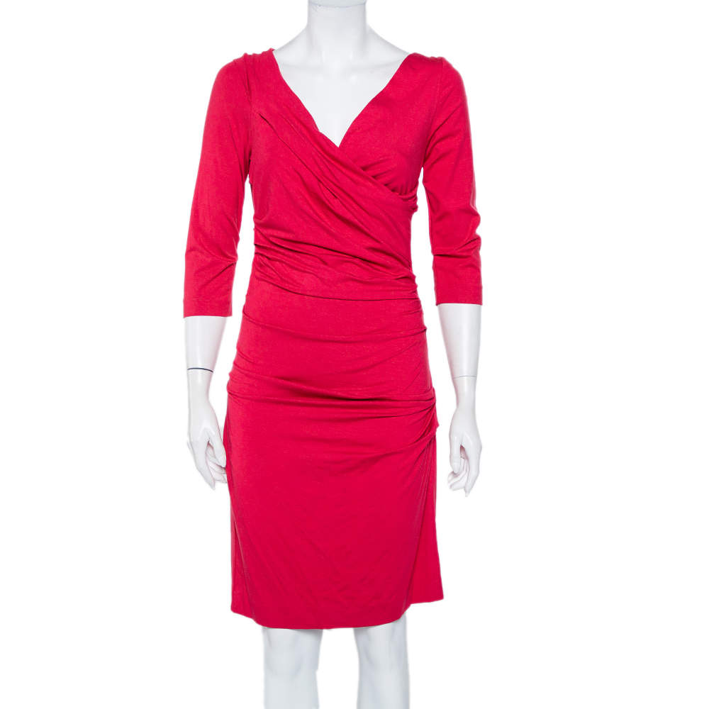 Pre Owned Diane von Furstenberg Fuschia Rose Pink Knit  Ruched Bentley Dress M