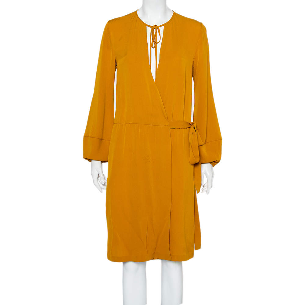 Pre Owned Diane Von Furstenberg Mustard Yellow Silk Mini Wrap Nove Dress M