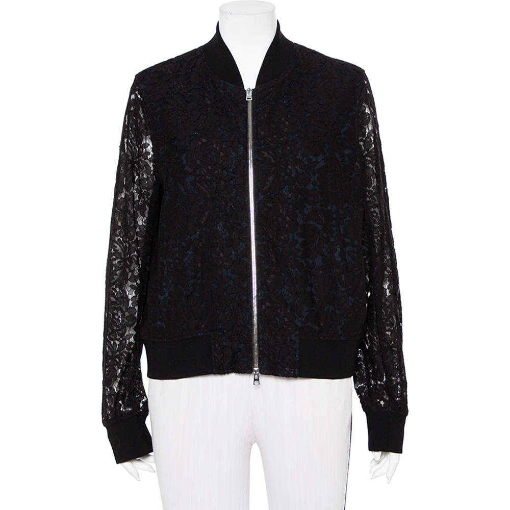 Pre Owned Diane Von Furstenberg Black & Navy Blue Lace Kennadie Bomber Jacket L