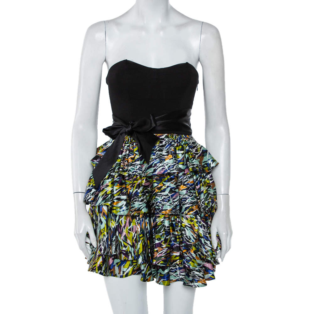 Pre Owned Diane Von Furstenberg Multicolor Satin & Knit Waist Tie Detail Strapless Mini Dress XS