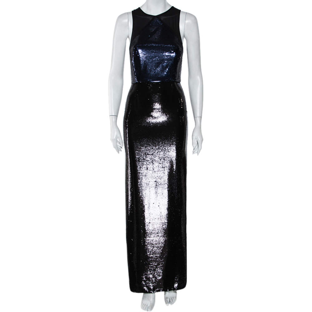Pre Owned Diane Von Furstenberg Navy Blue & Black Sequined Silk Sheer Back Detail Gown XS