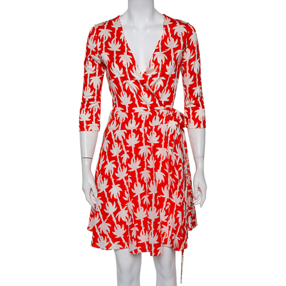 Pre Owned Diane von Furstenberg Orange Palm Printed Silk Mini Wrap Dress M