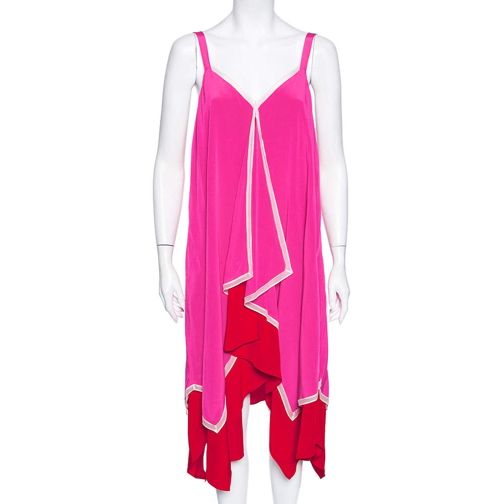 Pre Owned Diane Von Furstenberg Pink & Red Silk Asymmetric Hem Wren Dress M