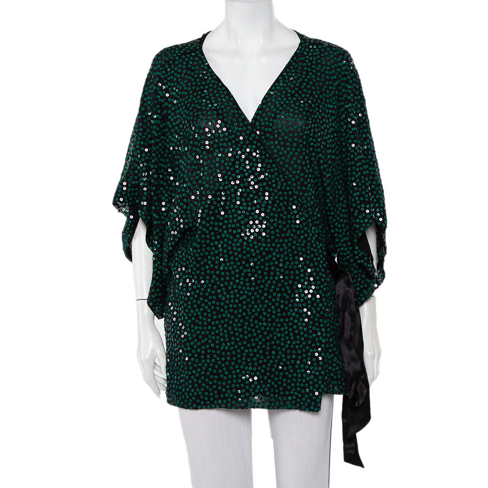 Pre Owned Diane Von Furstenberg Green Sequin Embellished Kallina Wrap Top L