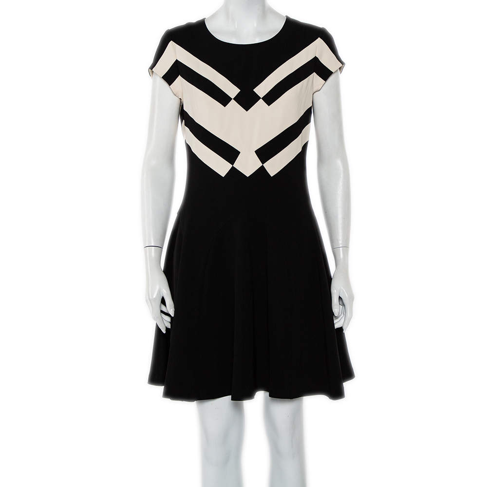 Pre Owned Diane von Furstenberg Black Crepe Contrast Panel Gail A-Line Dress M