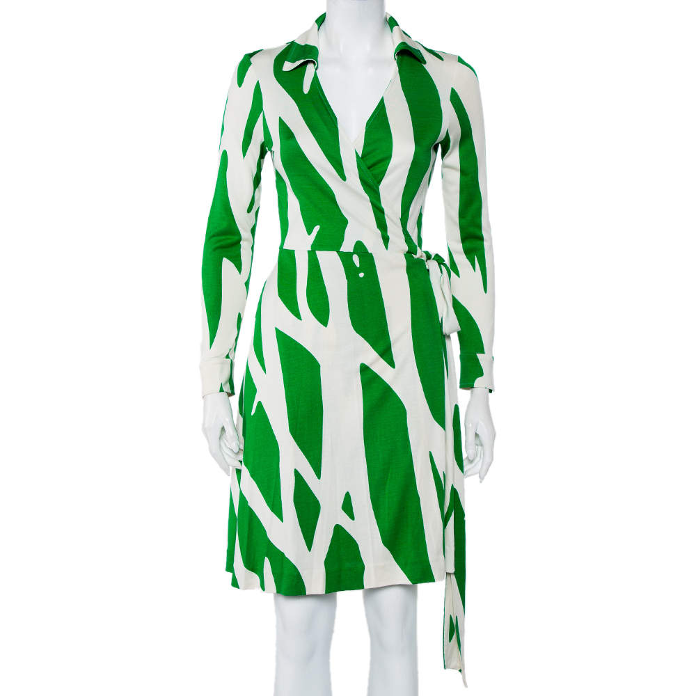 Pre Owned Diane Von Furstenberg Beige & Green Printed Silk Knit Collared Mini Wrap Dress L