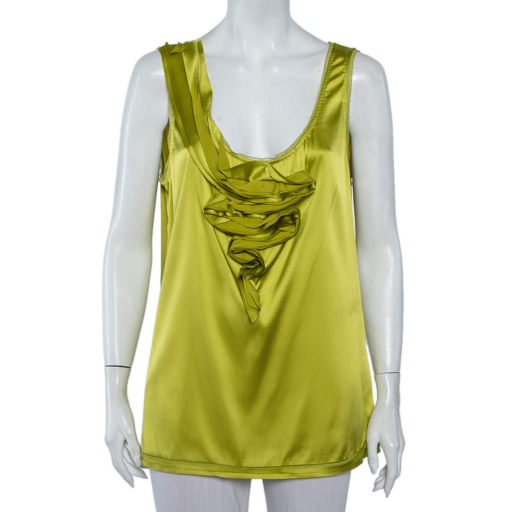 Pre Owned Diane Von Furstenberg Green Silk Satin Draped Detail Imara Top XL