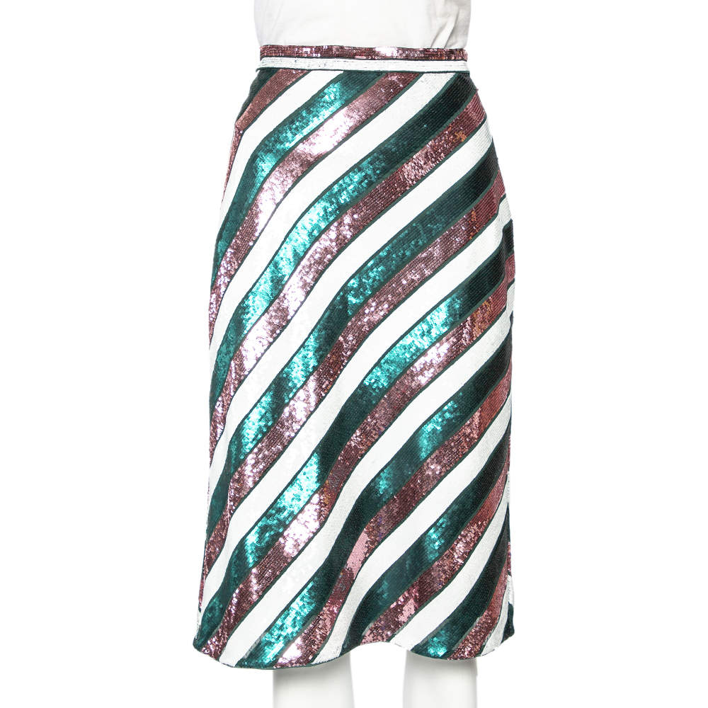 Diane Von Furstenberg Multicolor Striped Sequin Embellished Silk Skirt M