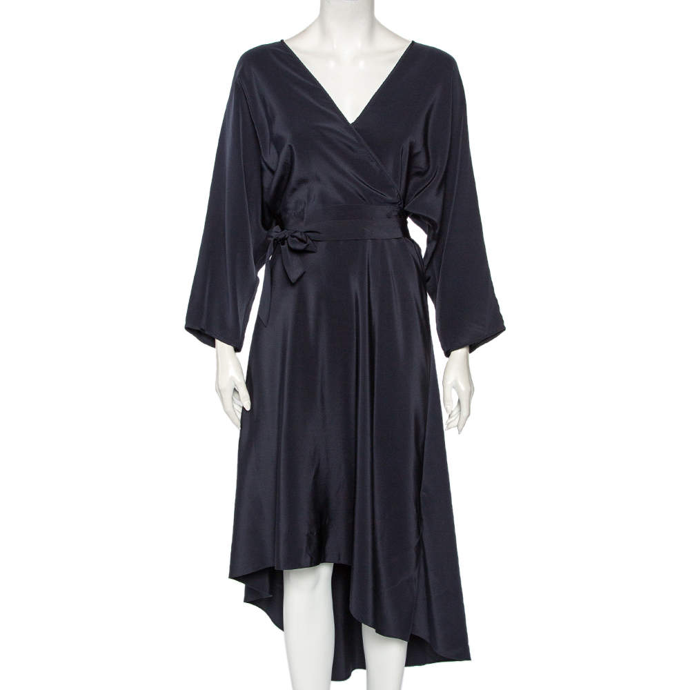 Pre Owned Diane Von Furstenberg Midnight Blue Silk Asymmetric Hem Faux Wrap Eloise Dress L