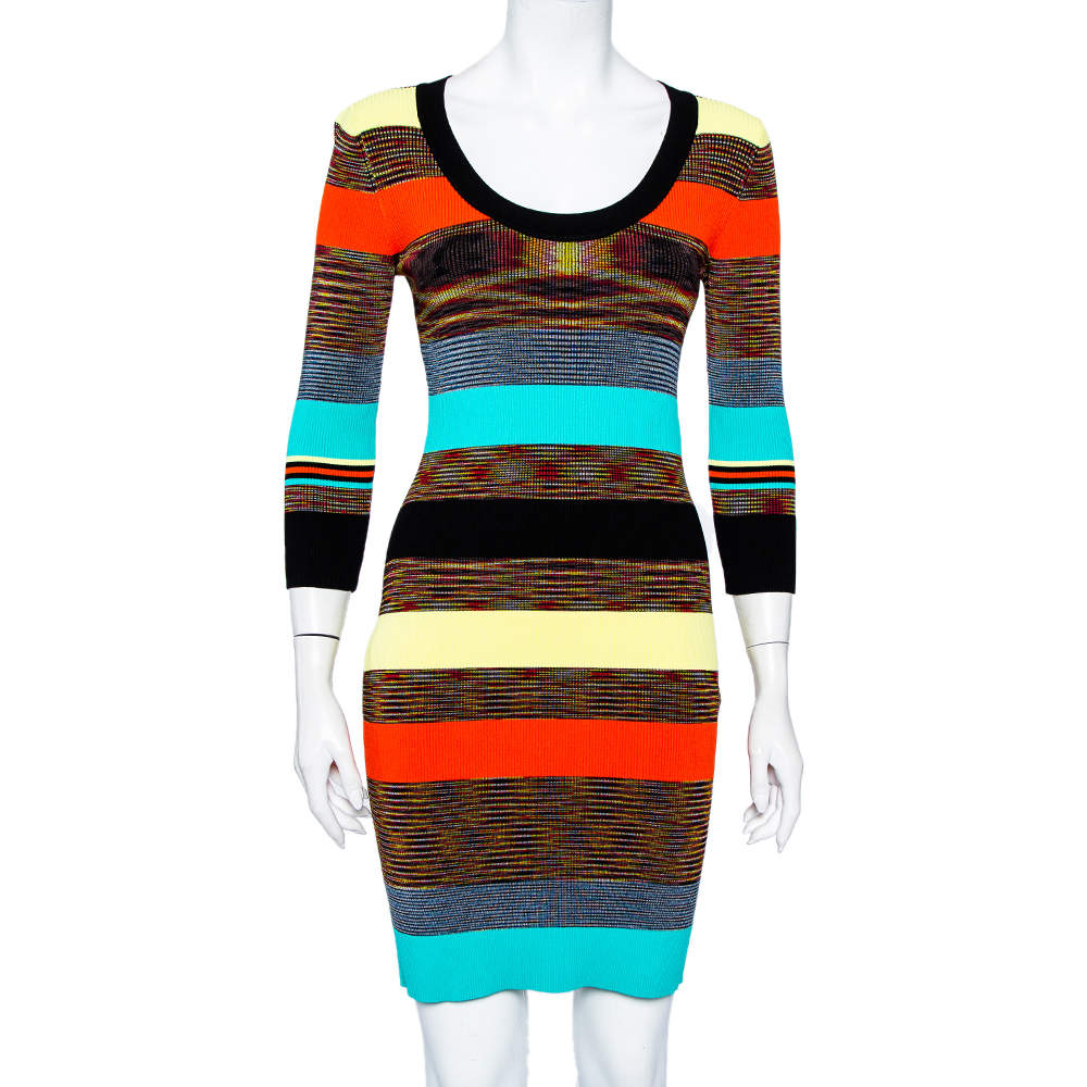 Pre Owned Diane Von Furstenberg Multicolor Striped Rib Knit Bodycon Dress S