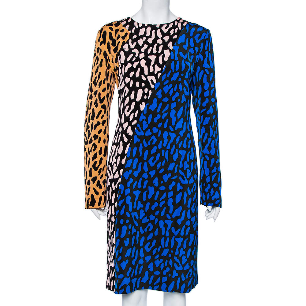 Diane Von Furstenberg Multicolor Animal Printed Crepe Paneled Shift Dress L