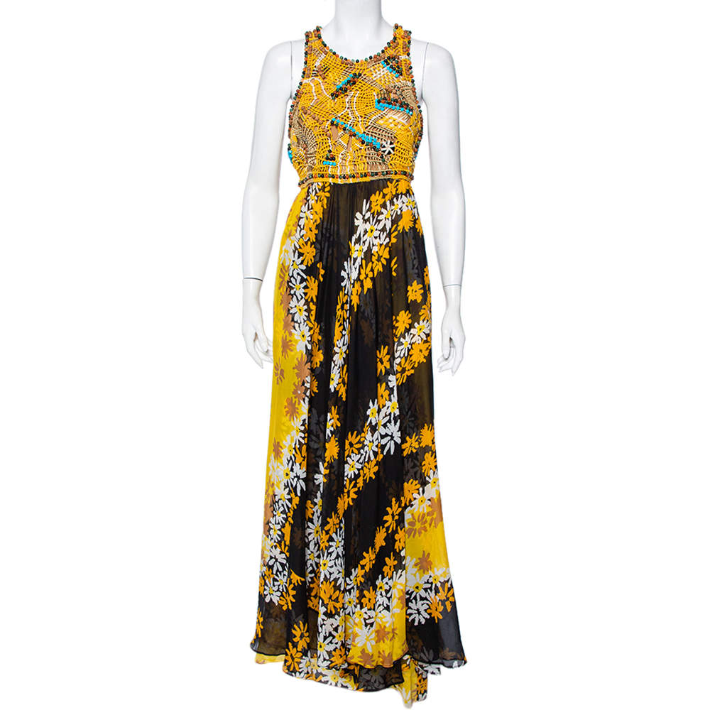 Pre Owned Diane Von Furstenberg Multicolor Cotton Beaded Macrame Yoke Detail Maxi Dress XL