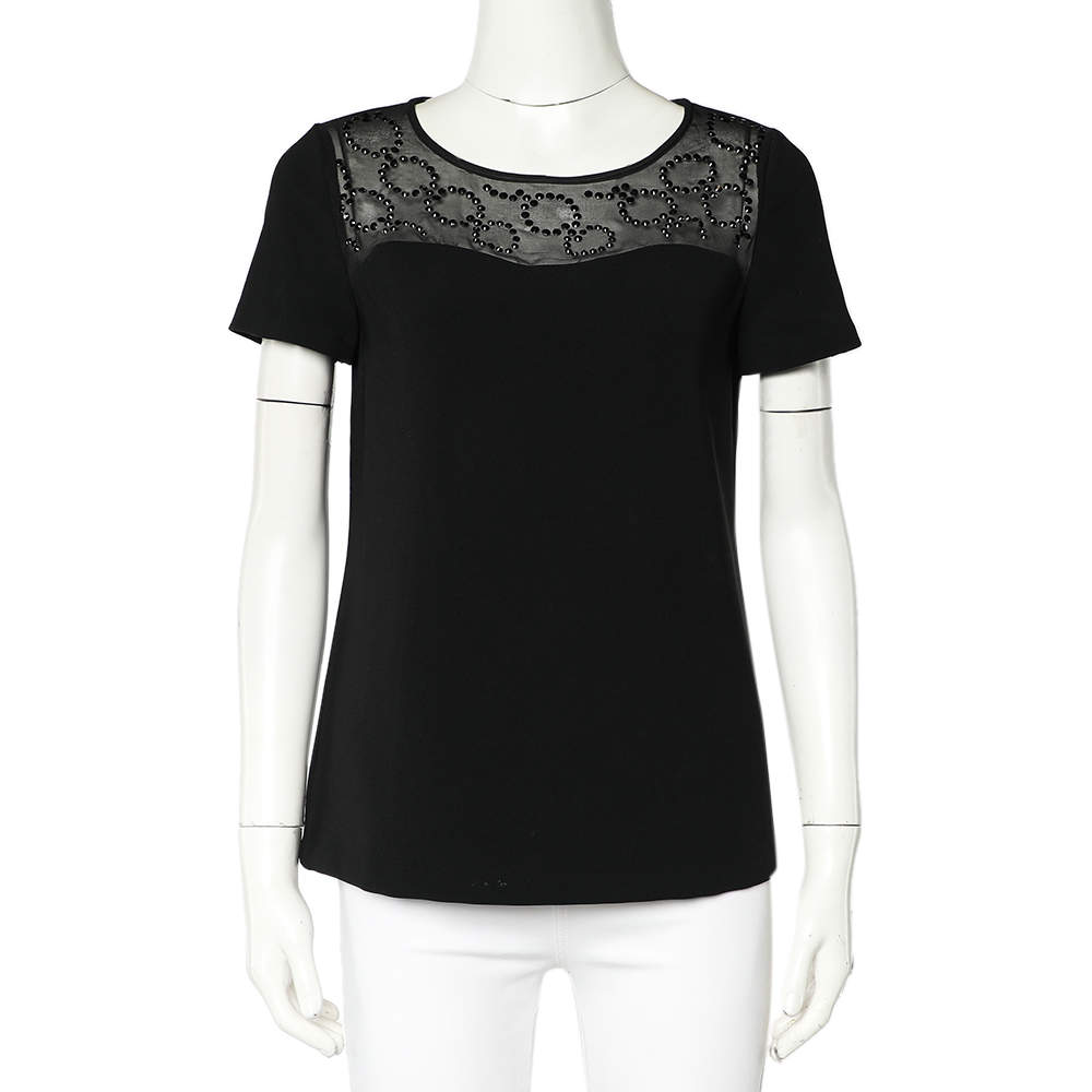 Pre Owned Diane Von Furstenberg Black Crepe Embellished Neck Detail Top S