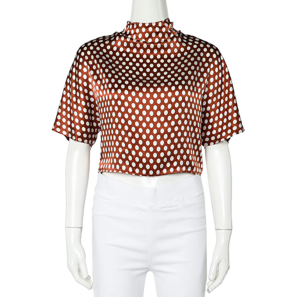 Pre Owned Diane Von Furstenberg Brown Polka Dot Silk Neck Tie Detail Short Top S