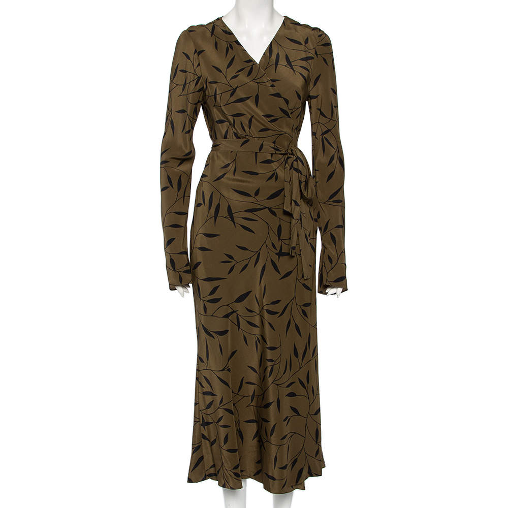 فستان ماكسي ديان فون فرستنبيرغ ملتف حرير أخضر طباعة ورق شجر مقاس كبير - لارج 