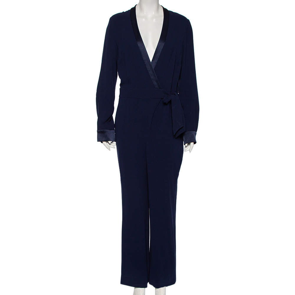 Diane Von Furstenberg Navy Blue Crepe Wrap Detail Margot Jumpsuit L