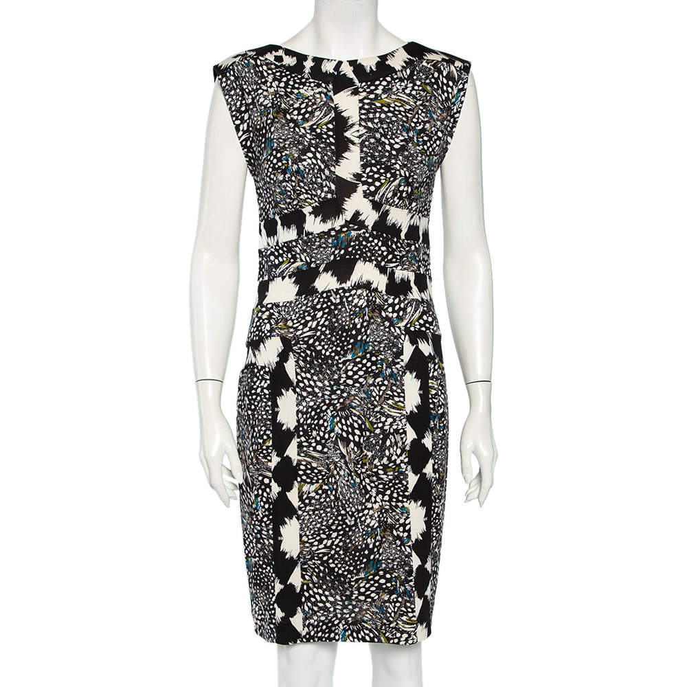 Pre Owned Diane von Furstenburg Black Printed Silk Knit Stirling Sheath Dress M