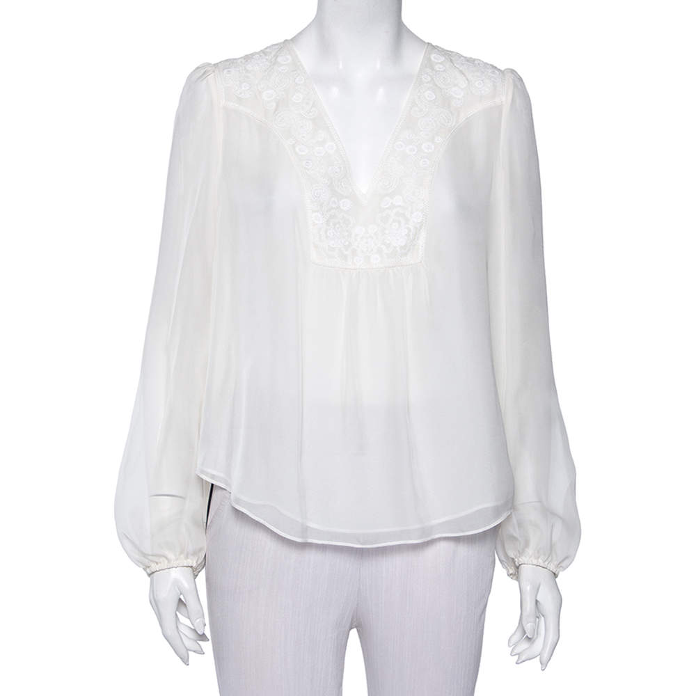 Pre Owned Diane Von Furstenberg White Silk Embroidered Neck Detail Maslyn Top M