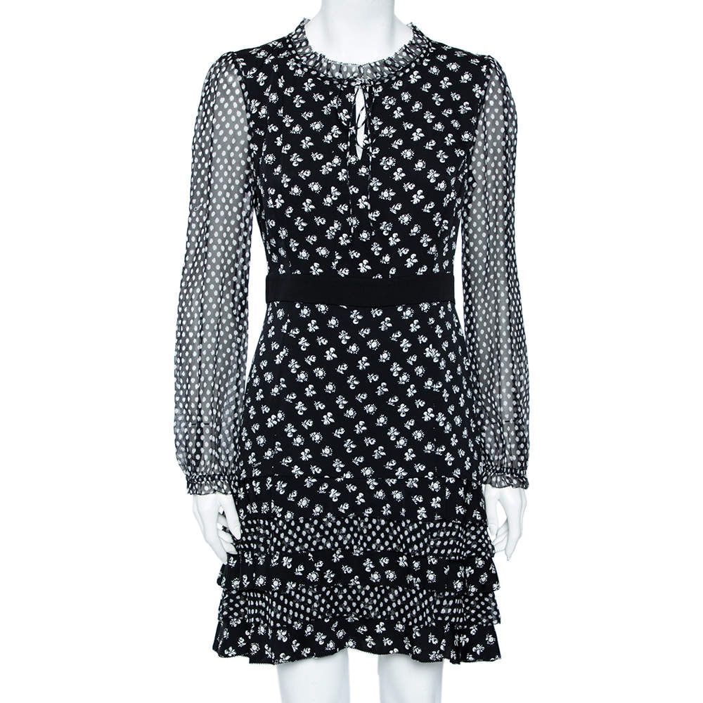 Pre Owned Diane Von Furstenberg Monochrome Floral Printed Silk Ruffle Detail Fionna Dress M