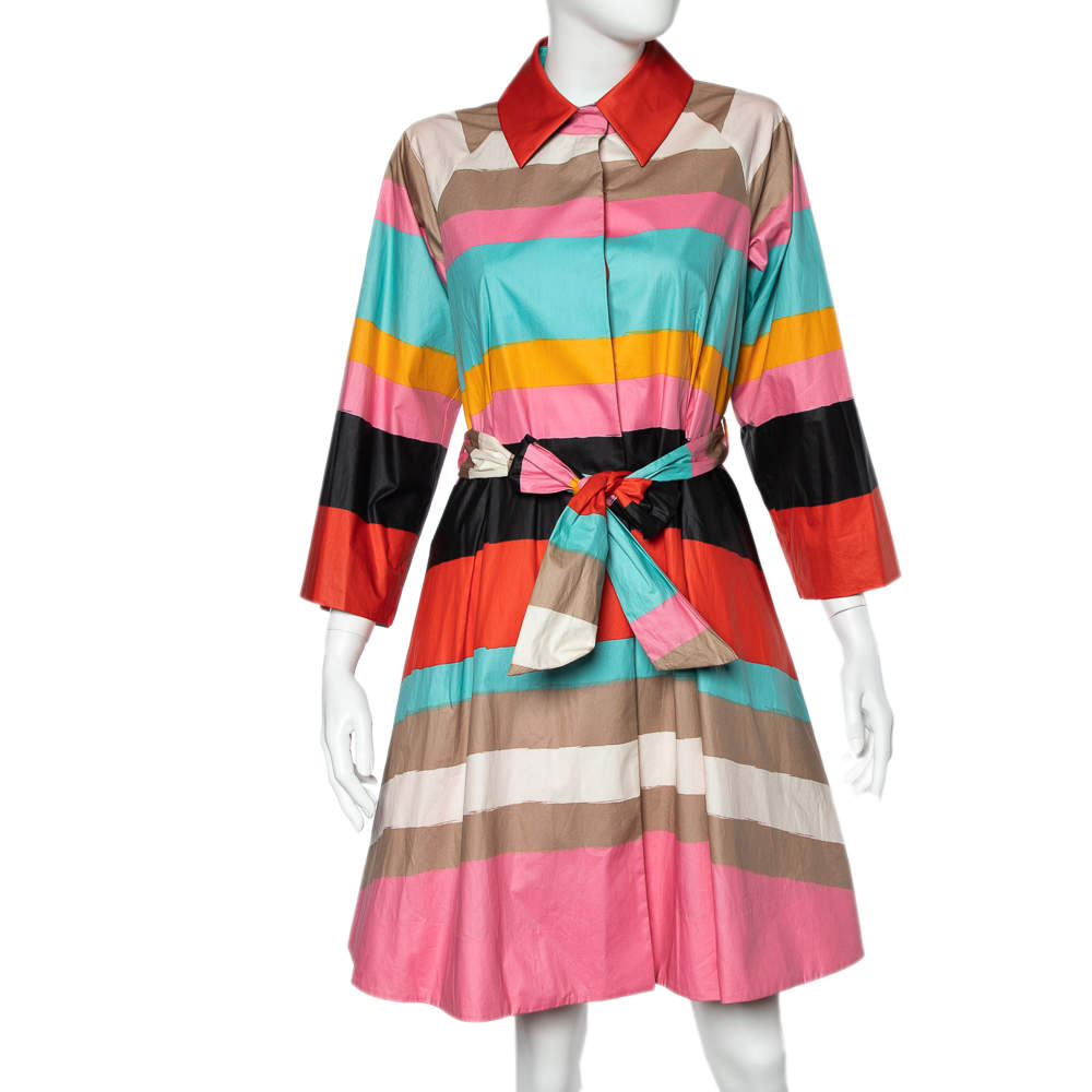 Pre Owned Diane von Furstenberg Multicolor Striped Coated Cotton Belted Flared Lab Coat S