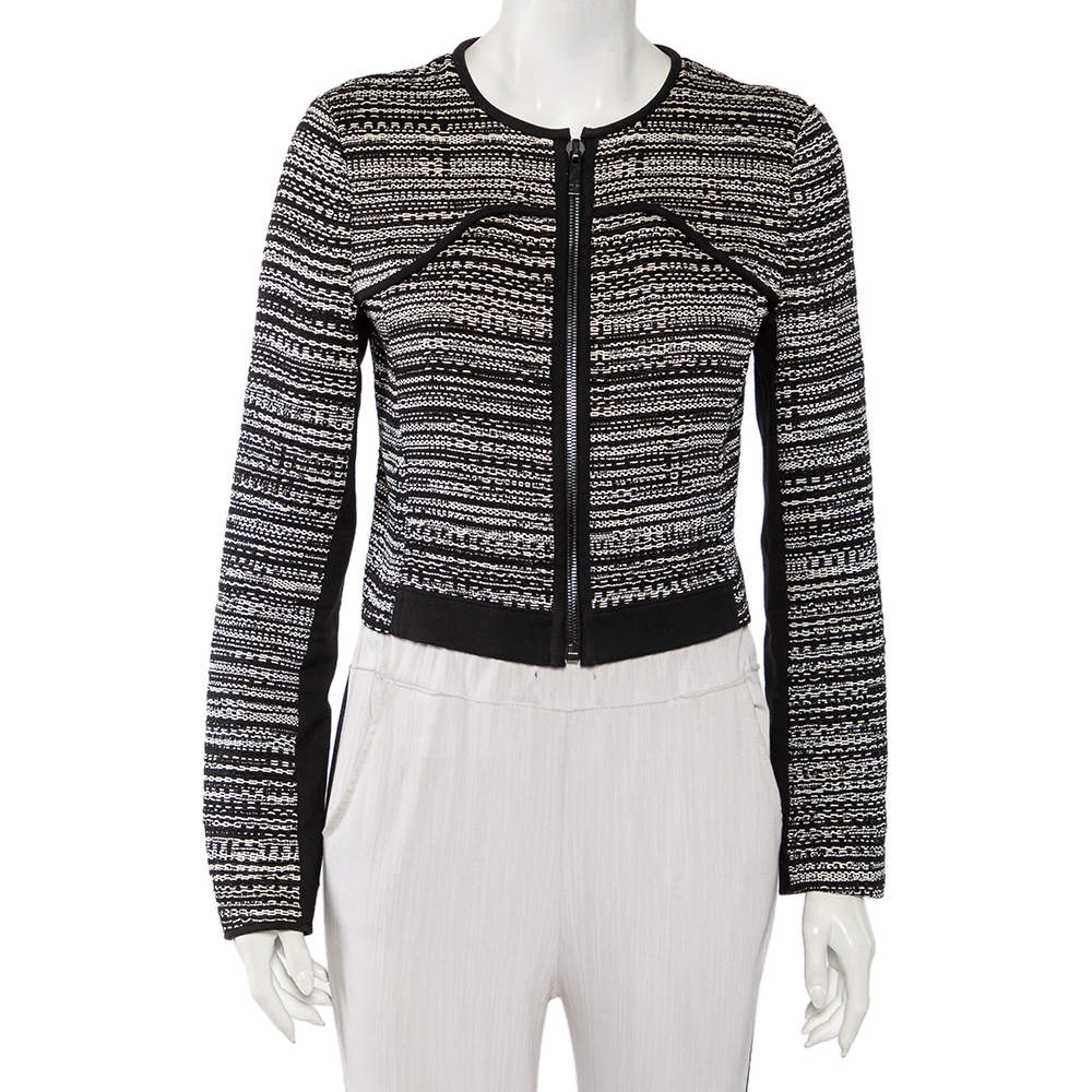 Pre Owned Diane Von Furstenberg Monochrome Tweed Zip Front Collarless Caity Jacket S