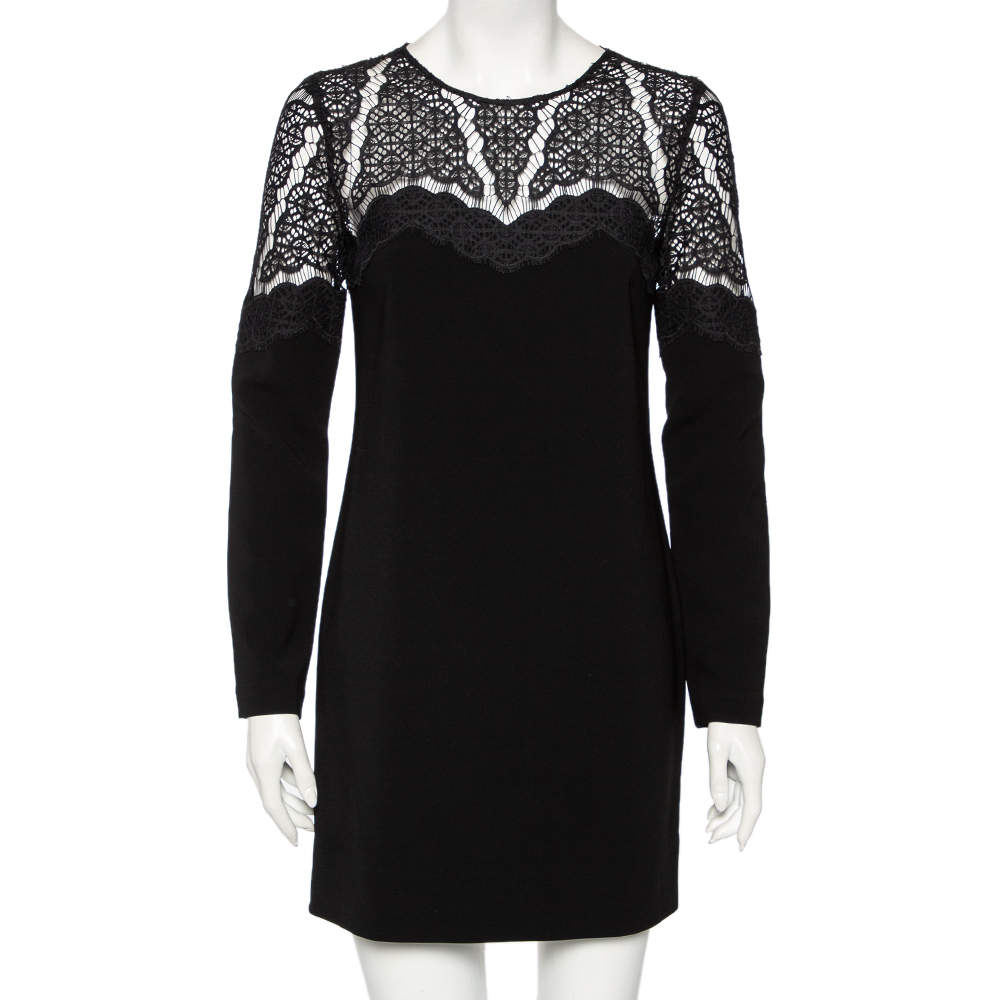 Pre Owned Diane von Furstenberg Black Lace & Crepe Dahlia Dress S