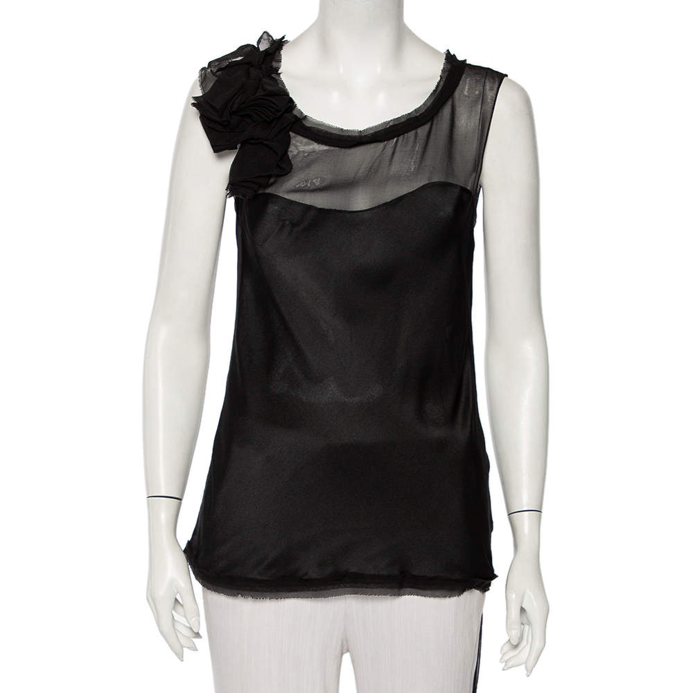 Pre Owned Diane Von Furstenberg Black Silk Draped Detail Sleeveless Mell Top L