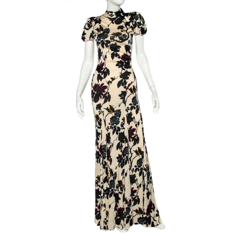 Pre Owned Diane Von Furstenberg Cream Floral Printed Jersey Embellished Open Back Dixie Gown M