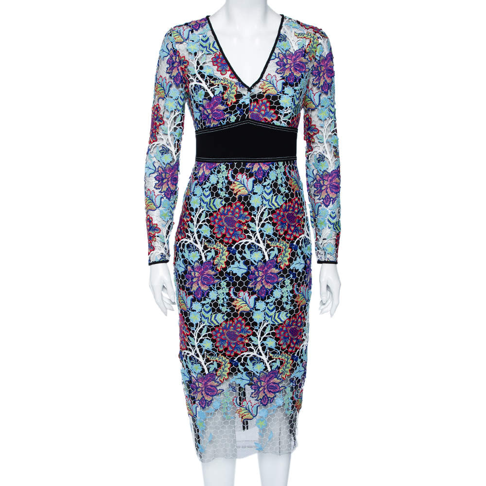 Pre Owned Diane Von Furstenberg Multicolor Floral Guipure Lace Sheath Dress S