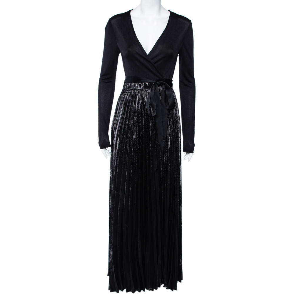 Pre Owned Diane von Furstenberg Black Knit & Metallic Plissé Heavyn Maxi Wrap Dress S