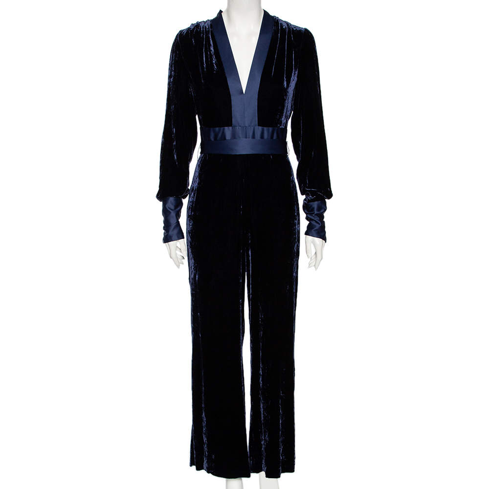 Diane Von Furstenberg Navy Blue Velvet Claude Satin-Trimmed Jumpsuit M