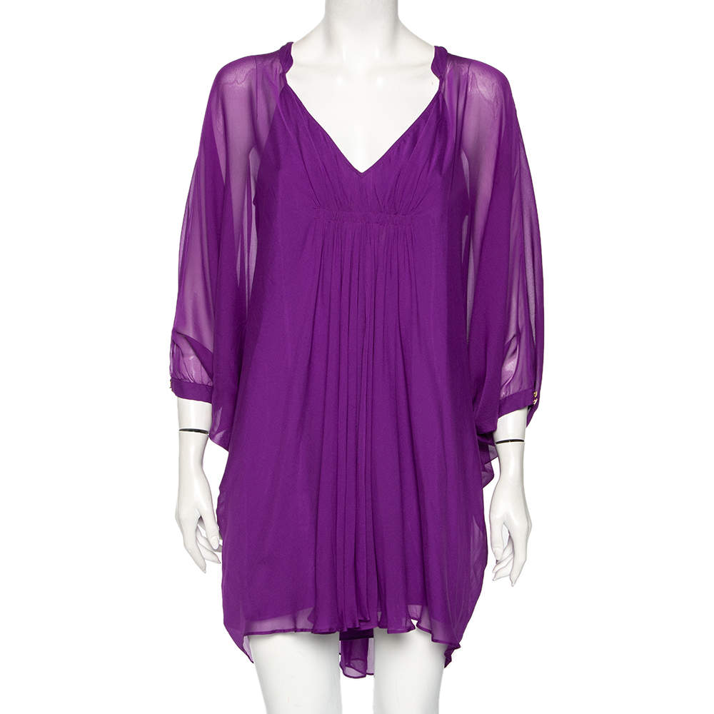 Pre Owned Diane von Furstenberg Purple Silk Fleurette Flutter-Sleeve Mini Dress S